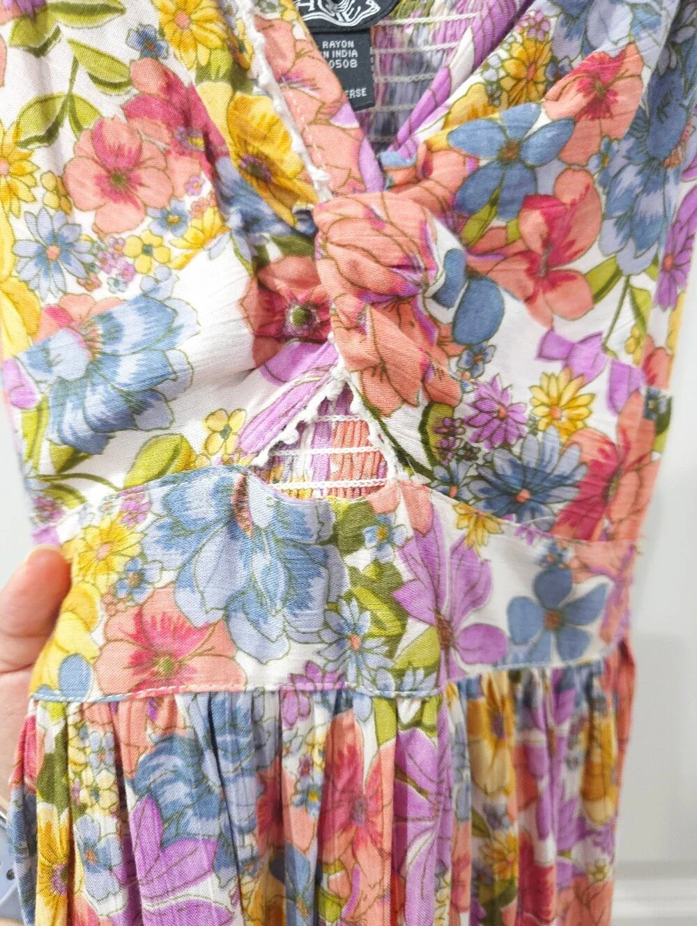 ANGIE Floral Boho Tiered Maxi Dress with Lace Trim & Twist Front, Nwot